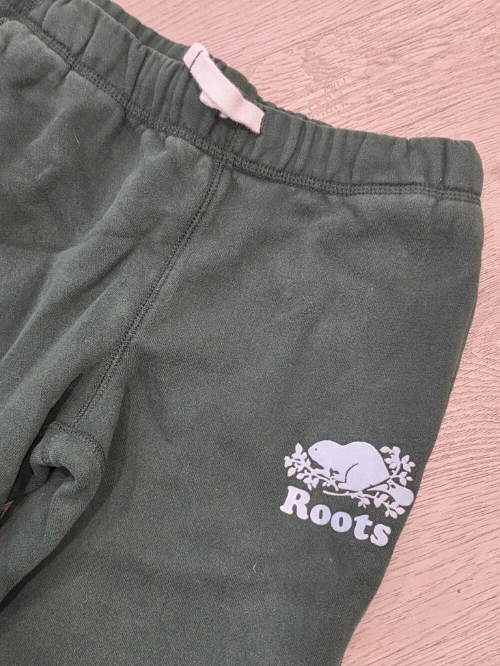Roots Kids Green Fleece-Lined Joggers Size 8 With Elastic Waistband & Logo